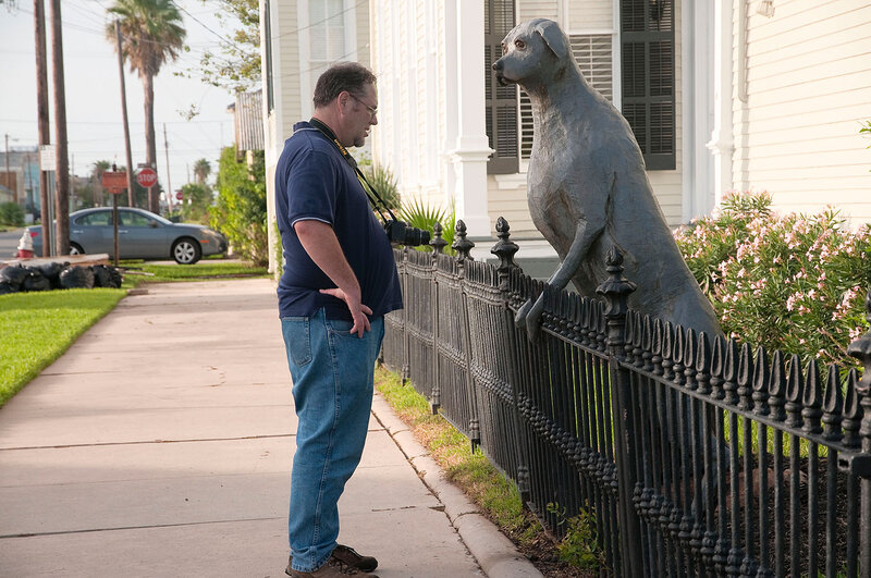 Man Looking at Dog Statue