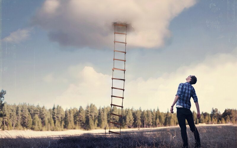 Man Looking at Ladder — Blue
