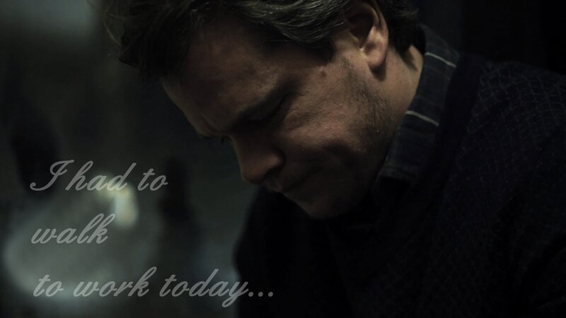 man looking down with text