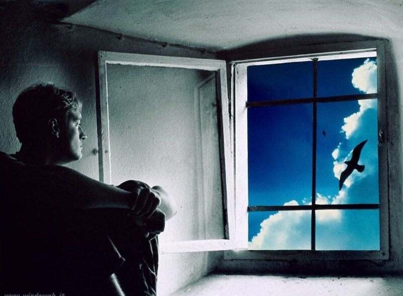 Man Looking Out Window — Blue, Contemplative