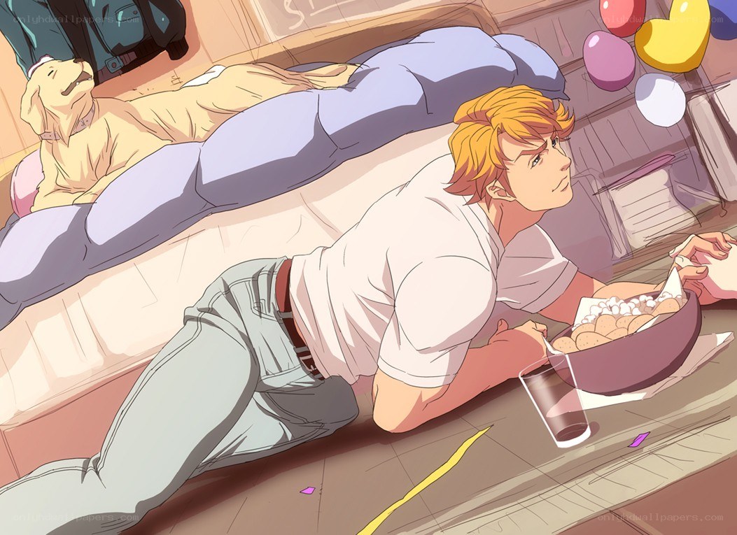 man lying on floor with snacks