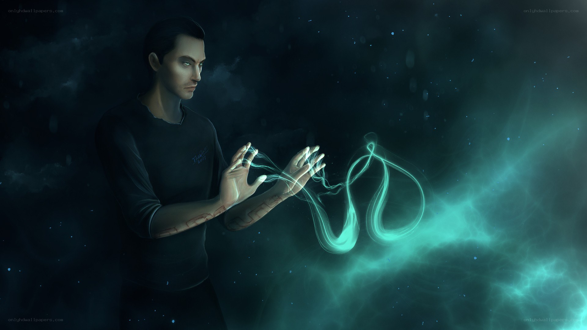 man manipulating glowing energy