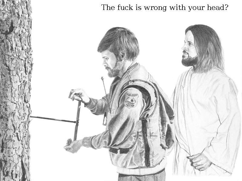 man measuring tree with jesus