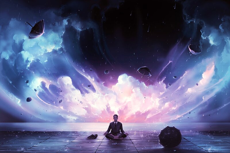 Man Meditating on Platform — Purple