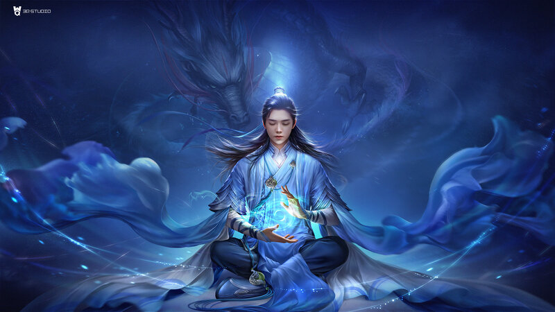 Man Meditating with Dragon — Blue