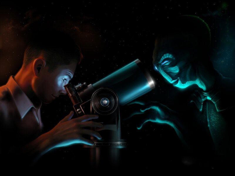 Man Observing Alien — Black, Dramatic, Night