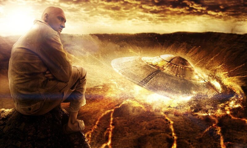 man observing alien spacecraft