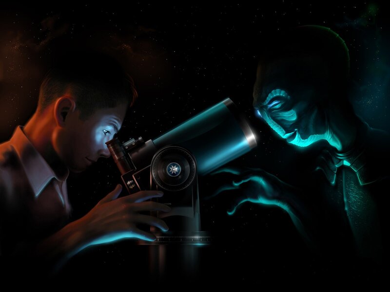 Man Observing Alien Through Telescope