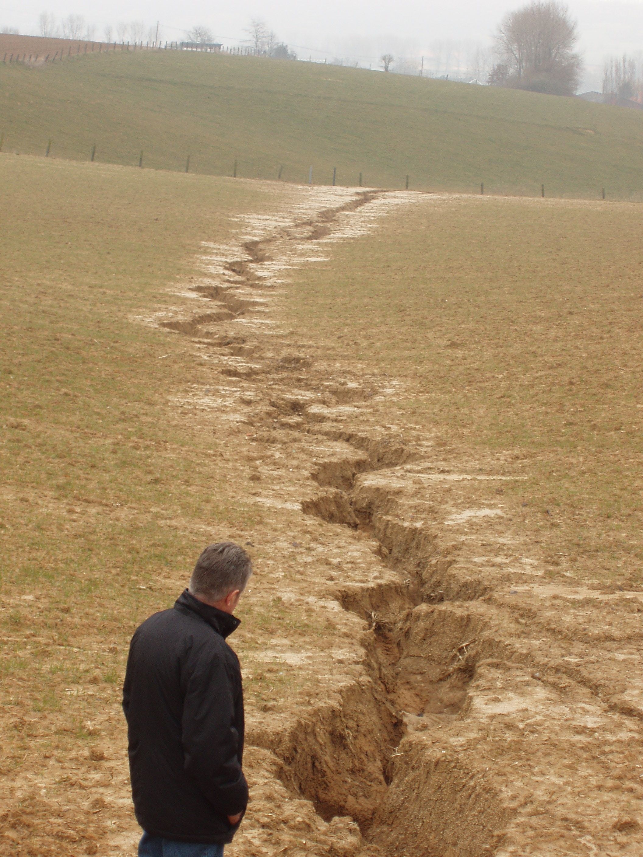 Man observing field crack