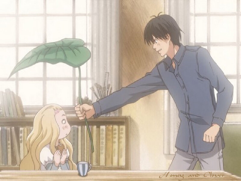 Man Offering Leaf to Girl — Blue