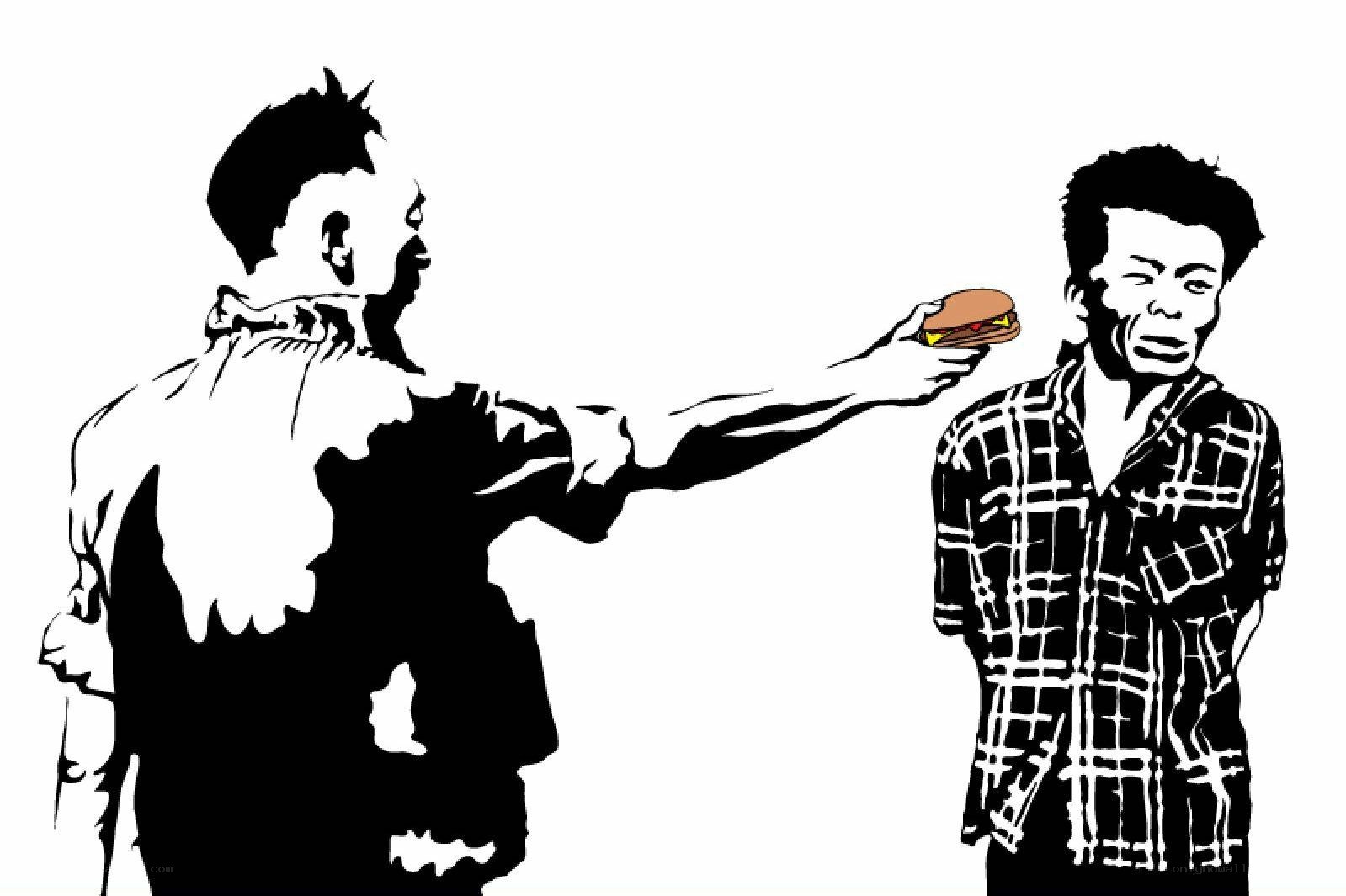 man offering sandwich to another