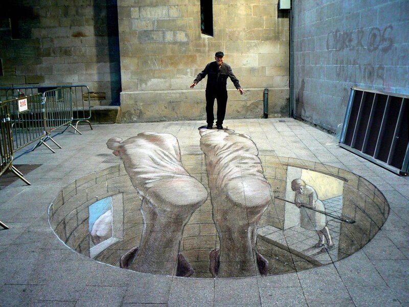 Man on 3d Street Art — Gray, Realistic