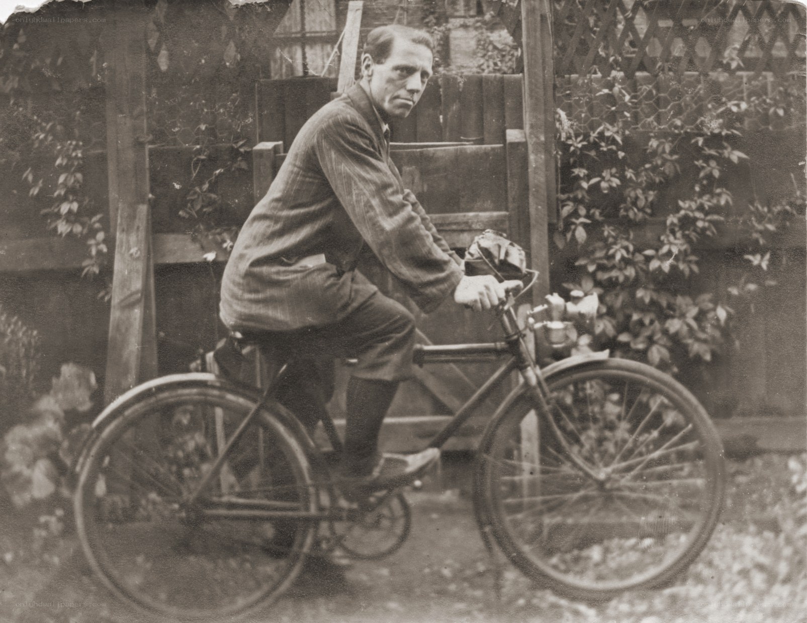Man on a bicycle in garden