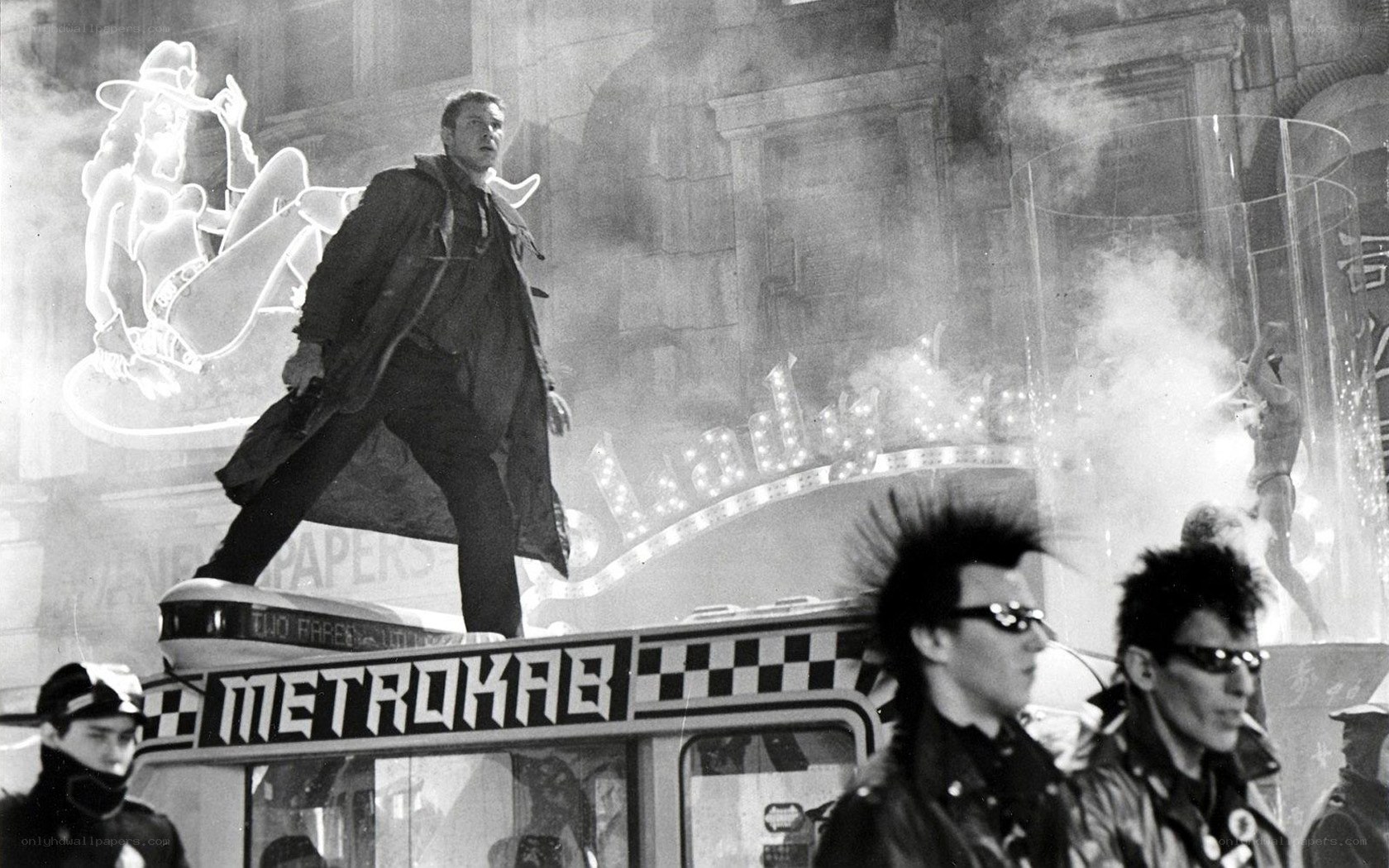 Man on a bus in a chaotic city