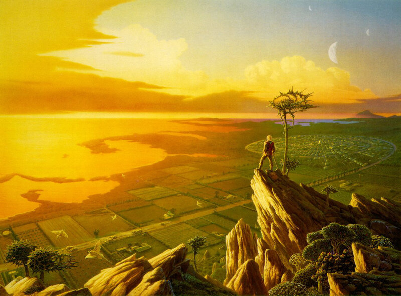 Man on a cliff overlooking alien landscape