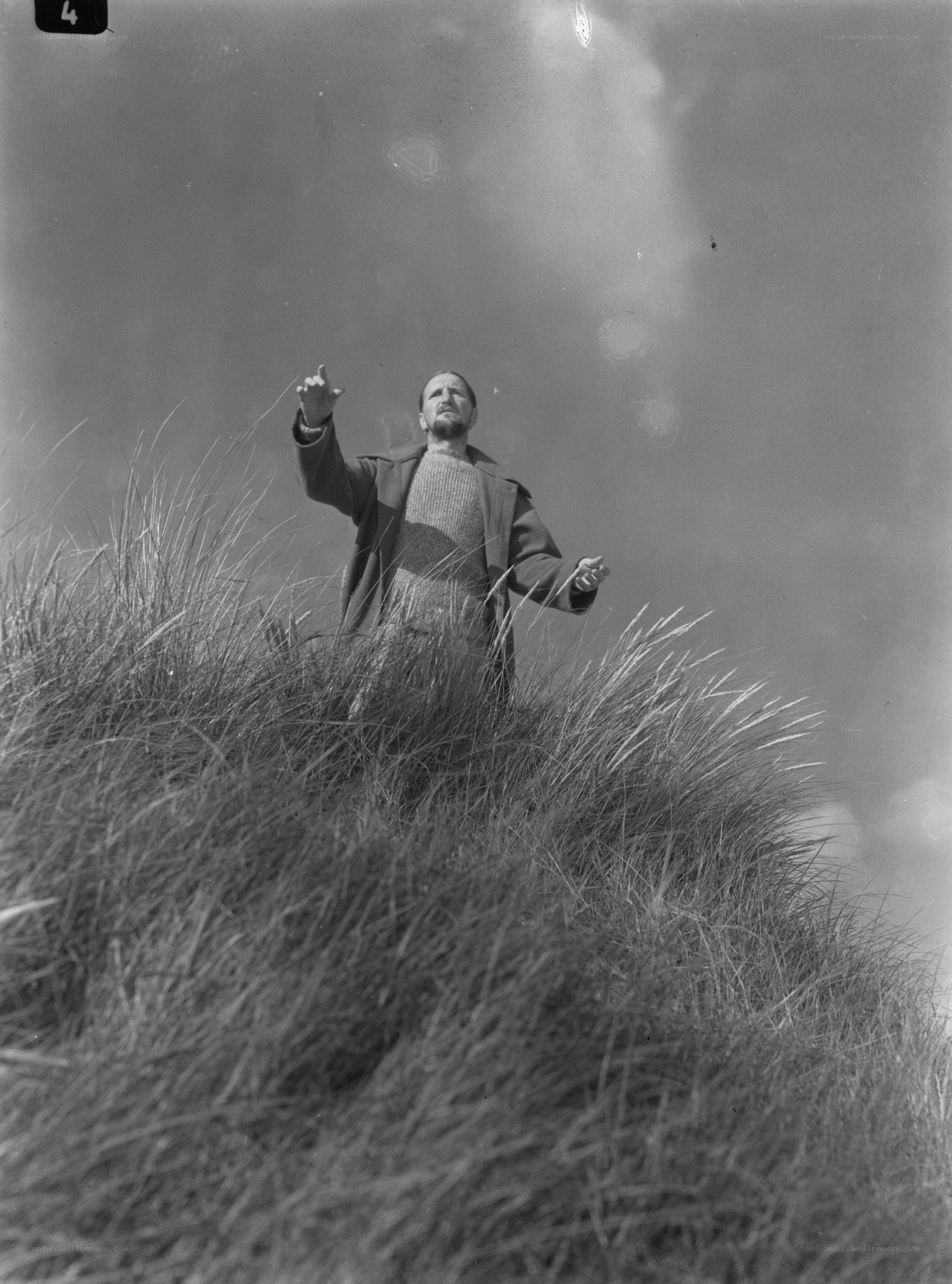 man on a grassy hill