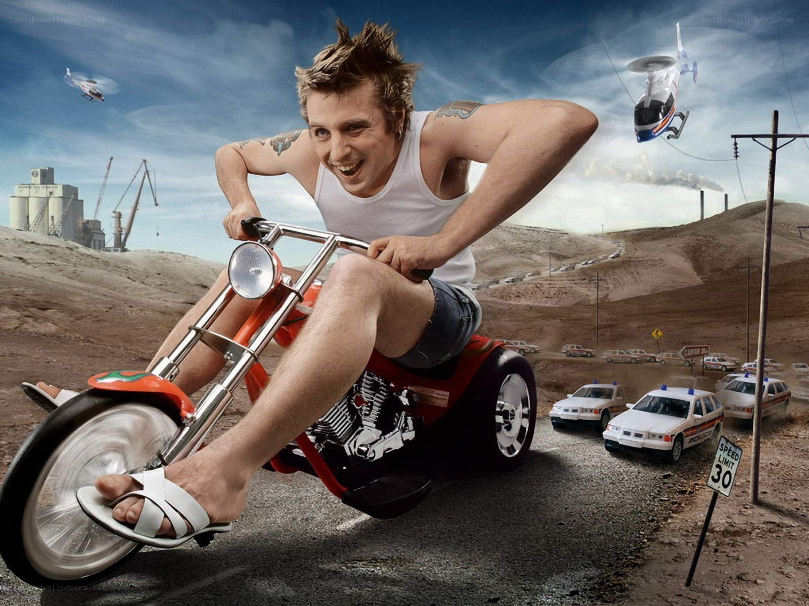 Man on a motorcycle chase
