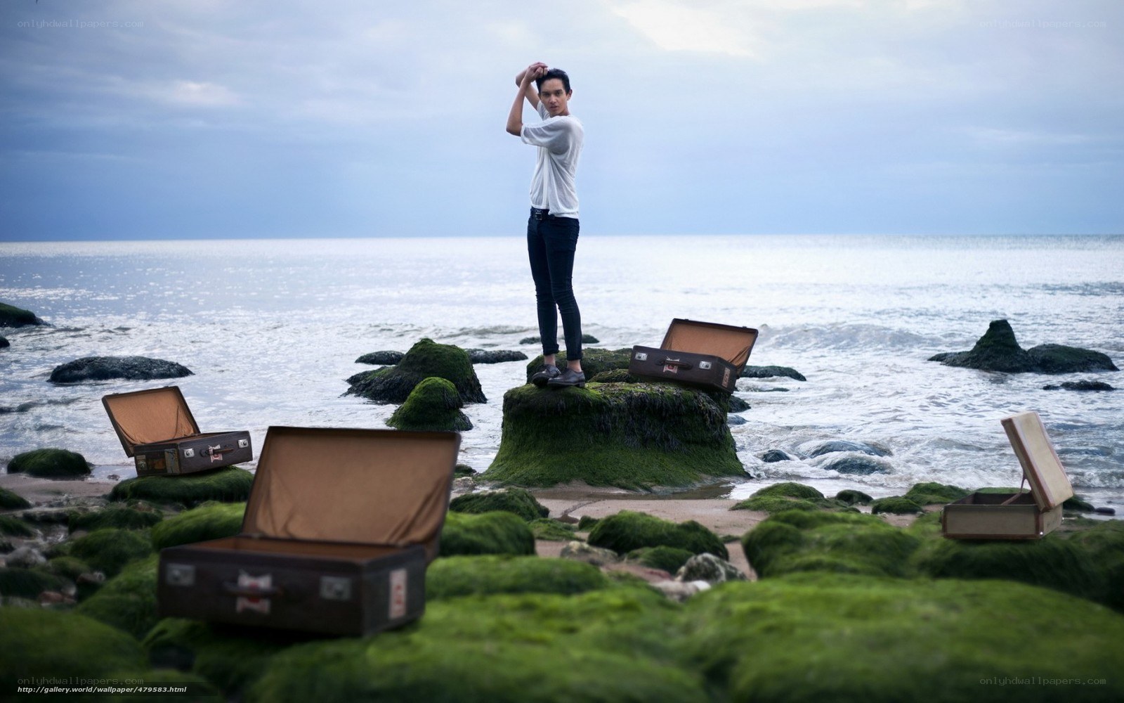 Man on a rocky beach with suitcases