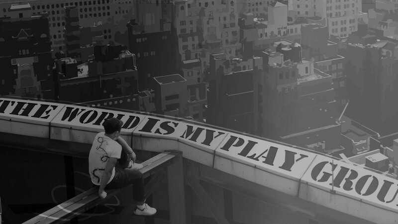 Man on a rooftop with text