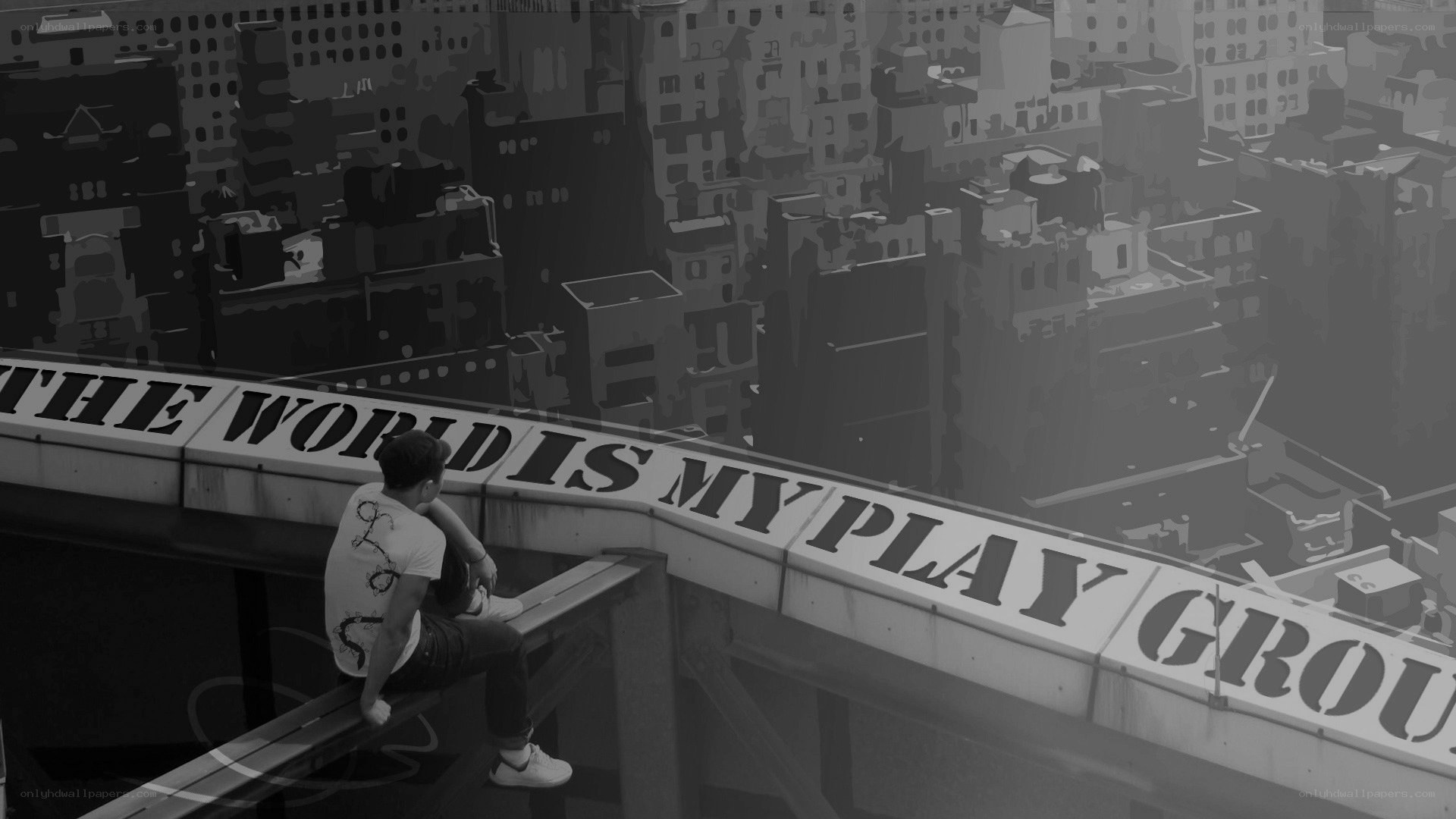 Man on a rooftop with text