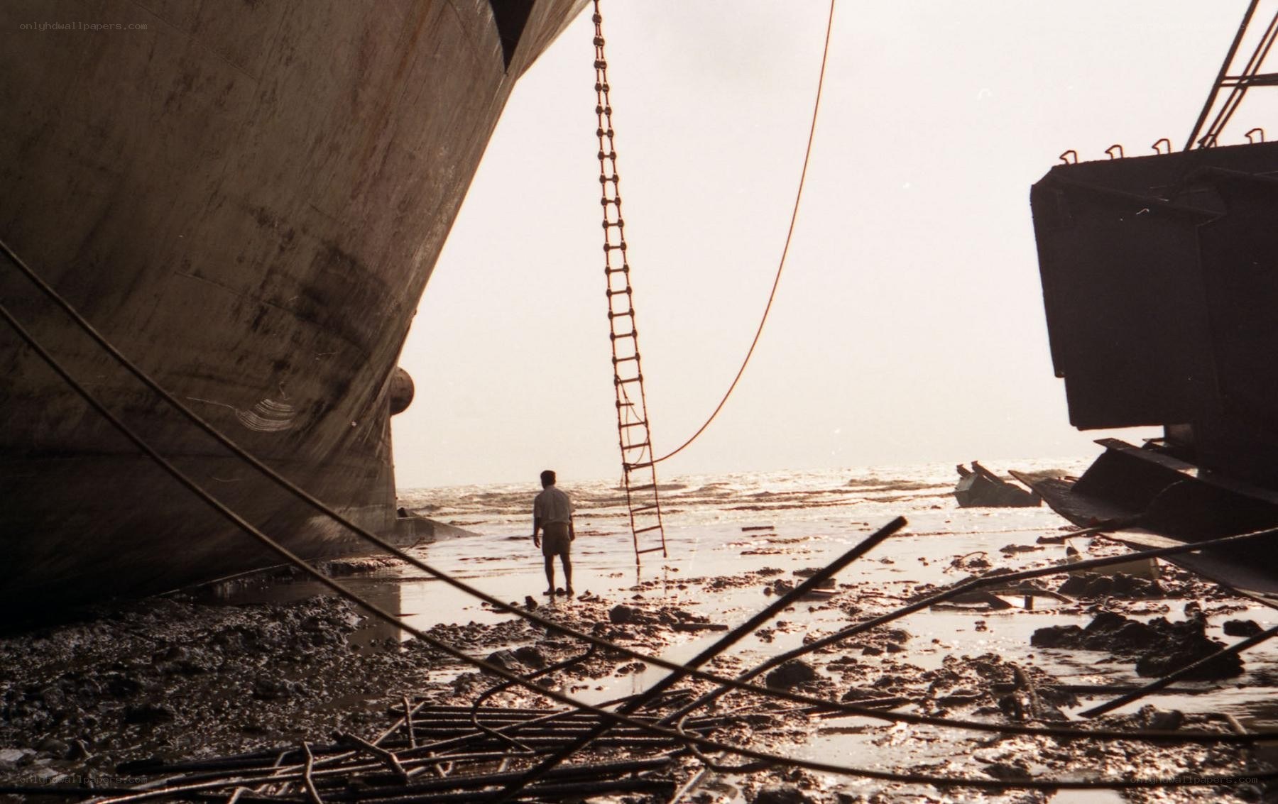 Man on a shipwrecked shore