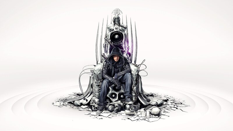 man on a throne of skulls