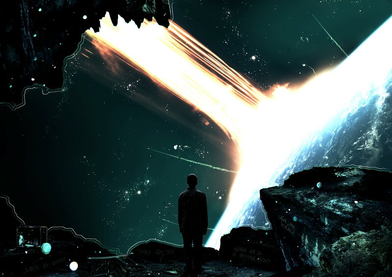 Man on alien planet watching meteor shower