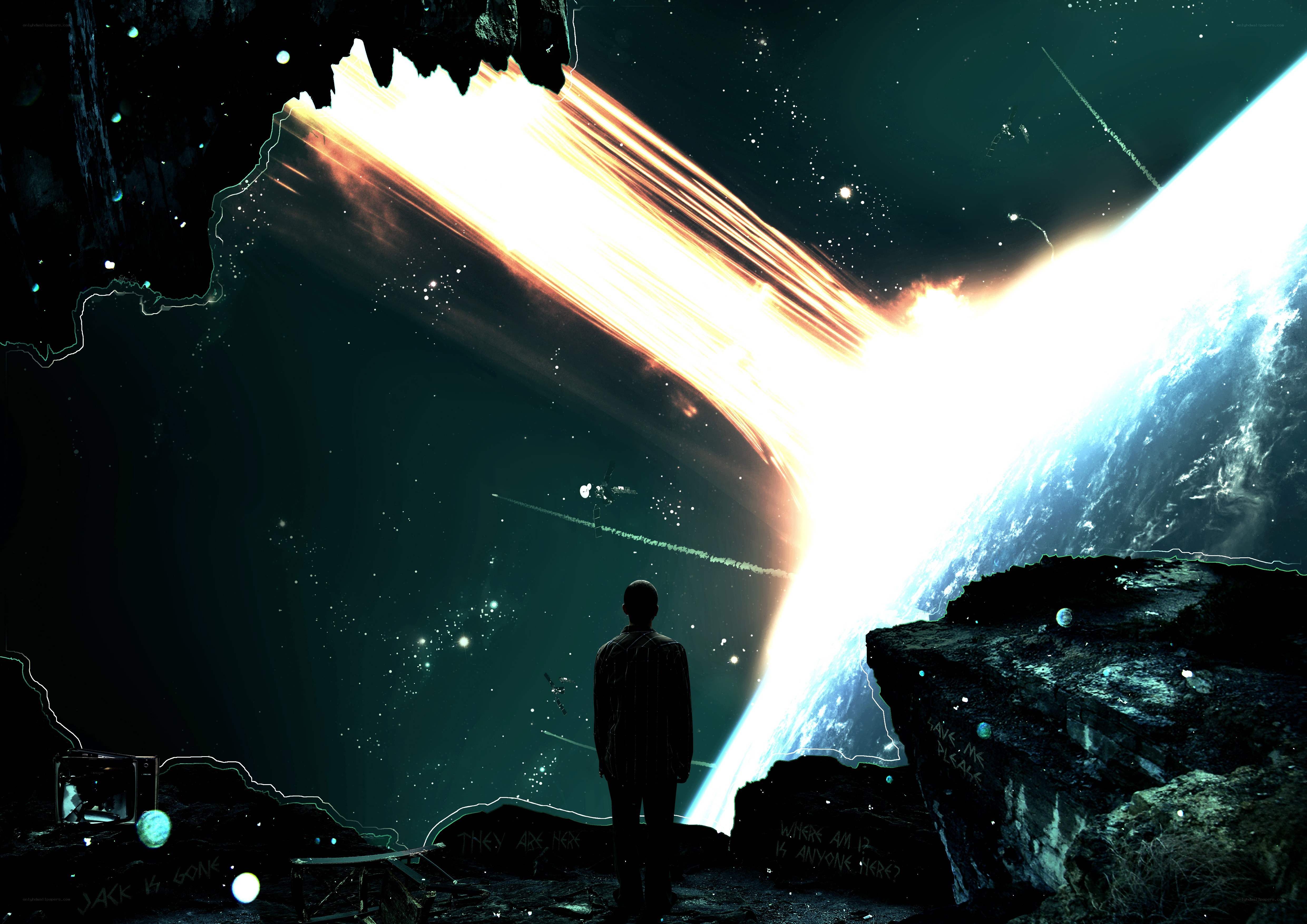 Man on alien planet watching meteor shower