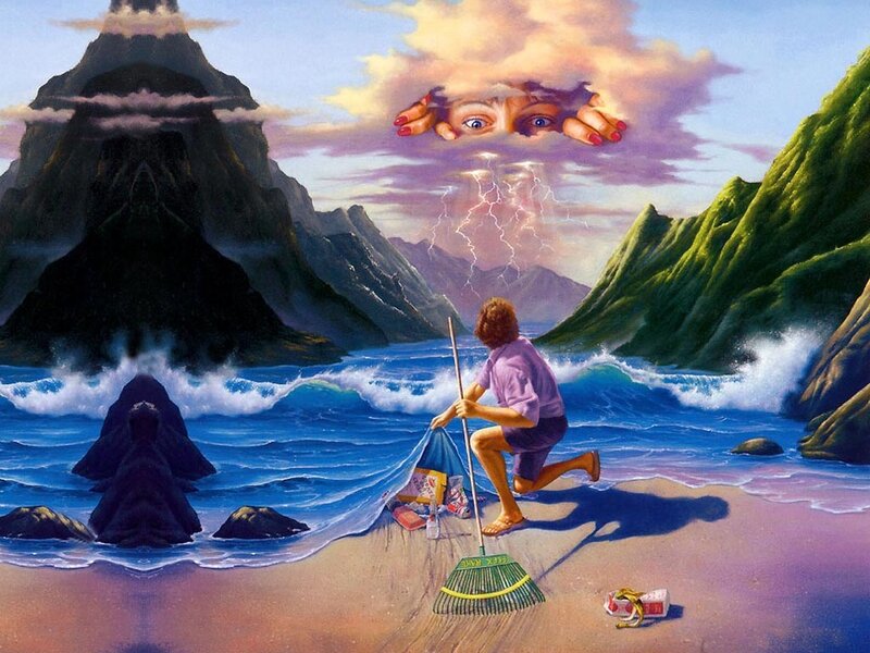 Man on Beach with Broom