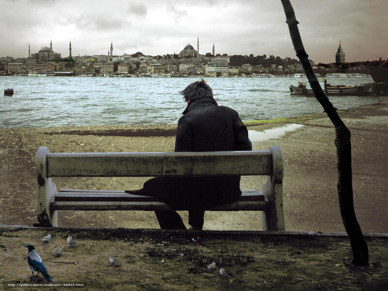 Man on bench overlooking city