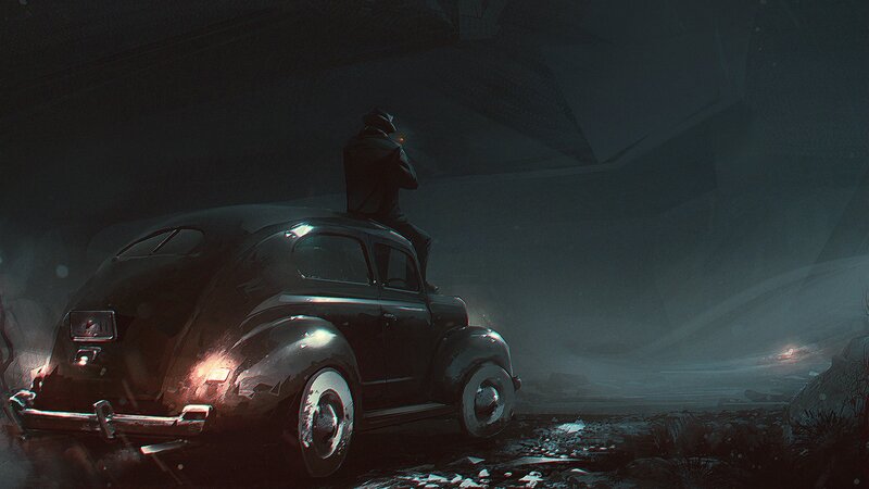 Man on Car Roof — Black, Dramatic