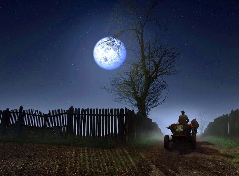 Man on Cart at Night