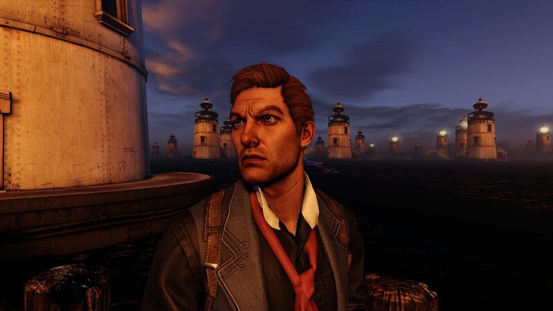 man on dock with lighthouses