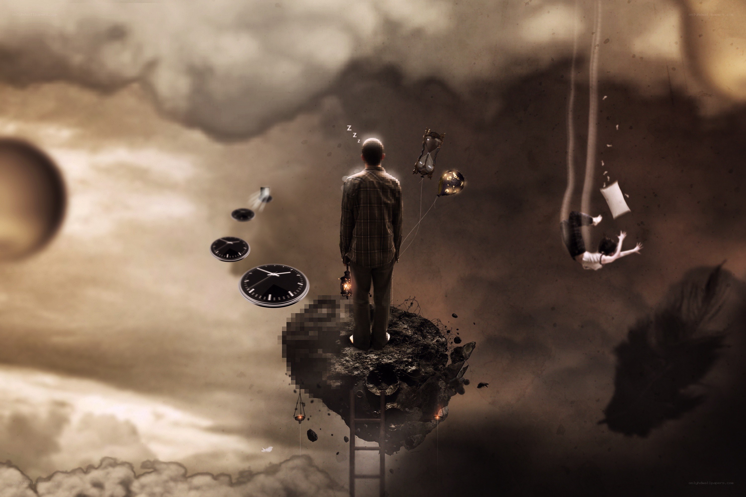 man on floating rock in surreal sky