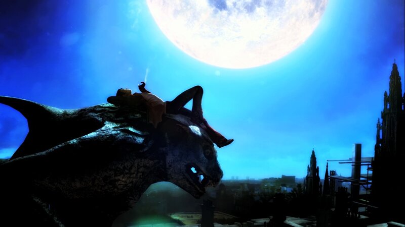 man on gargoyle under moon