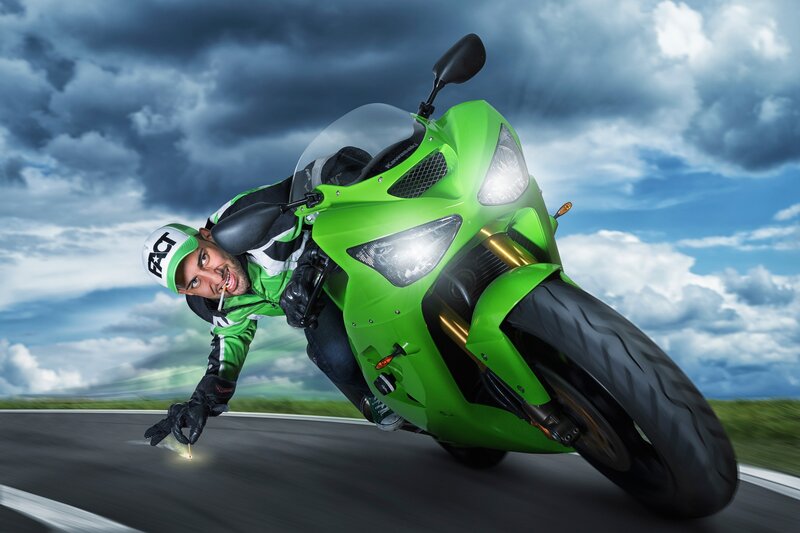 Man on Green Motorcycle — Dramatic
