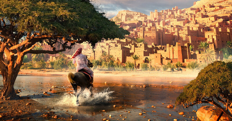 Man on Horse Crossing River — Brown