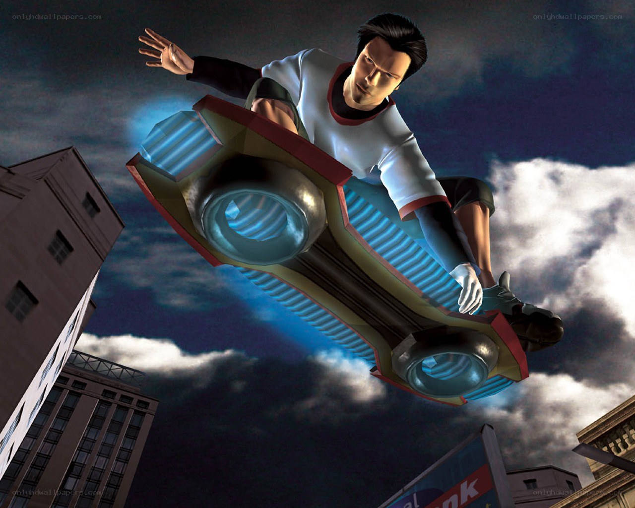 man on hoverboard in city