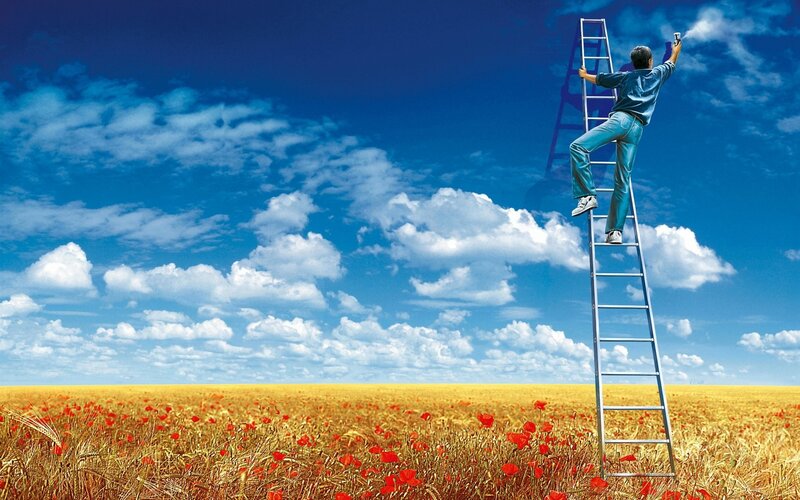 Man on Ladder in Field