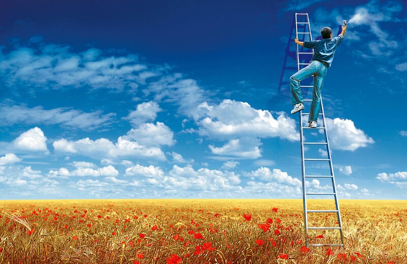 Man on Ladder Painting Sky