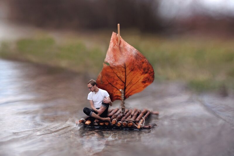 Man on Leaf Sailboat