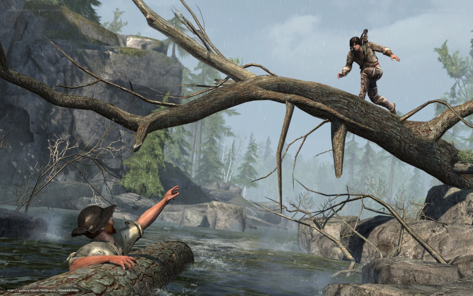 Man on log bridge