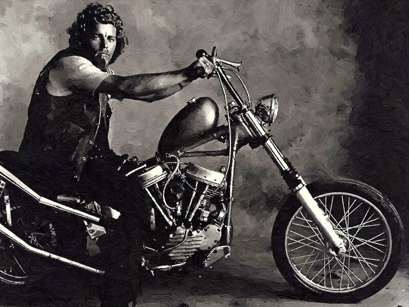 Man on Motorcycle — Black, Dramatic, Illustration