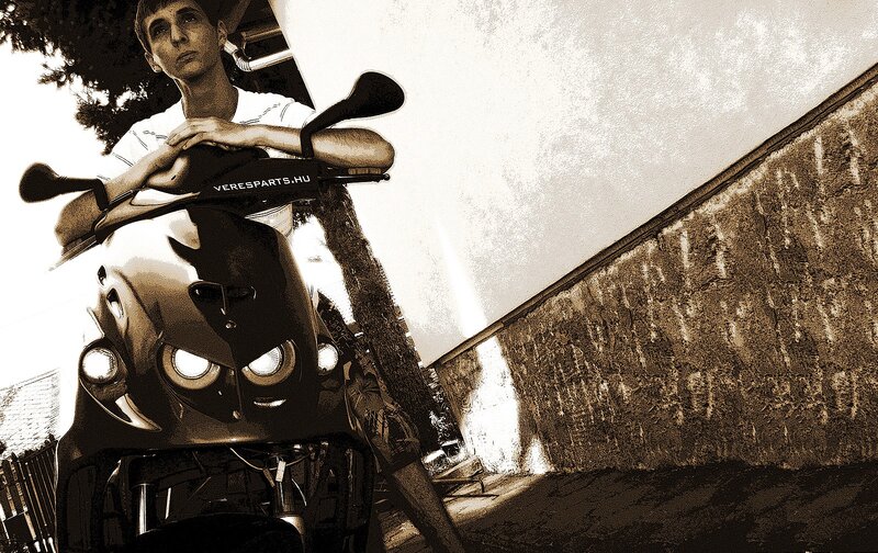 Man on Motorcycle — Brown, Dramatic, Afternoon, Photograph, Wall