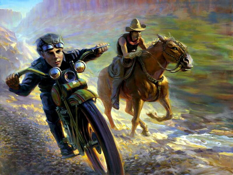 Man on Motorcycle — Brown, Dramatic, Afternoon