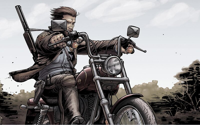 Man on Motorcycle — Brown, Dramatic, Comic