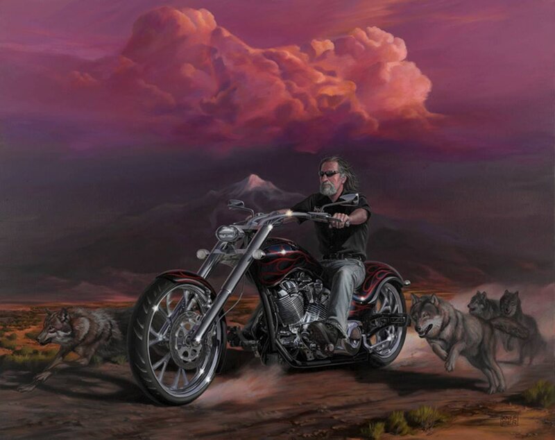 Man on Motorcycle with Wolves
