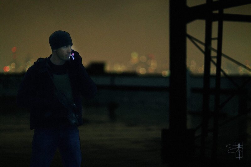 Man on Phone at Night — Black, Dramatic