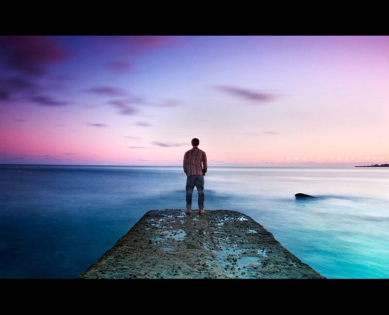 Man on Pier at Sunset — Purple