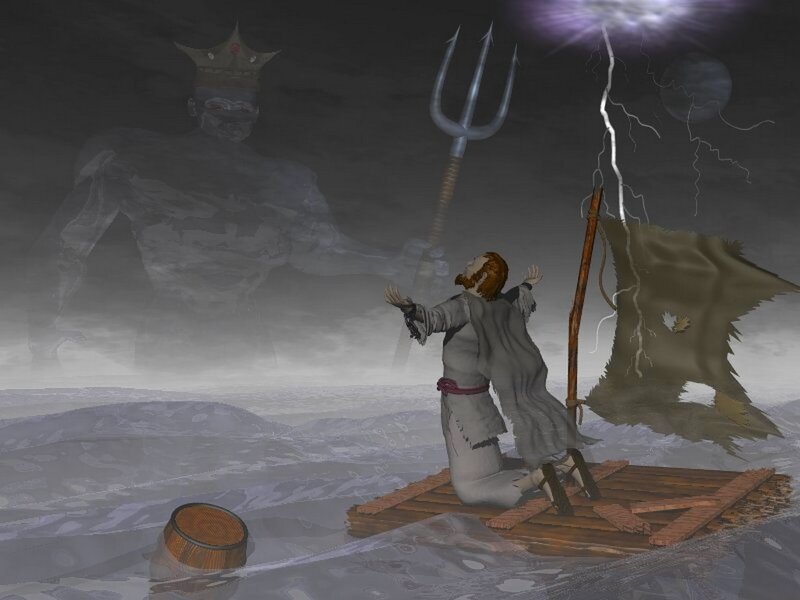 Man on raft facing sea monster
